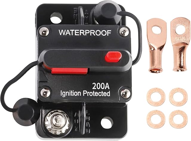 RED WOLF 200 Amp Circuit Breaker with Wire Lugs Copper Washer Waterproof Inline Fuse Holder Inverter with Manual Reset Waterproof for Car Truck Bus RV Boat Marine Vehicle 12V-48V DC