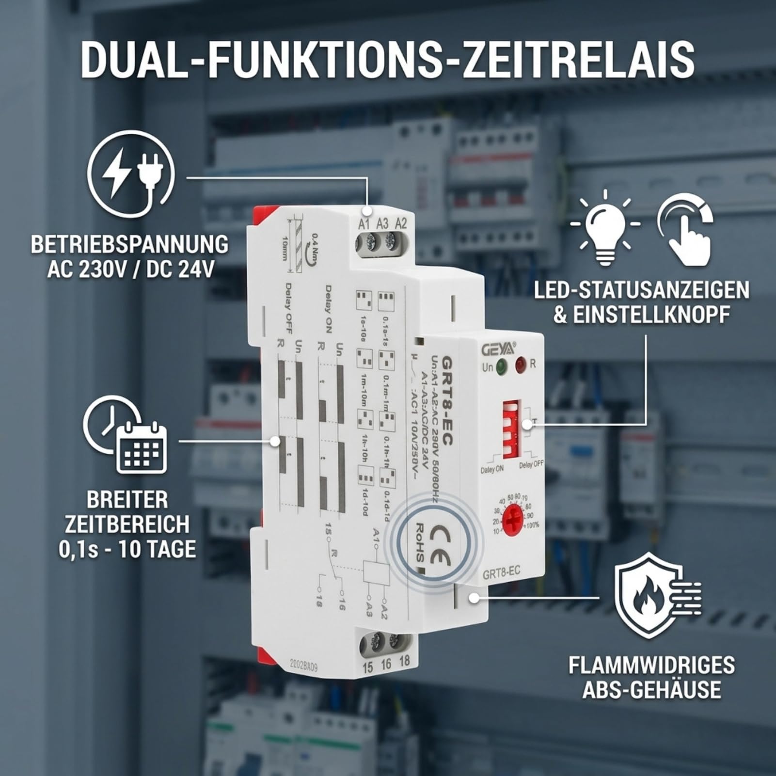 Przekaźnik Czasowy LED, Wielofunkcyjny z Podwójną Funkcją i Wskaźnikiem, AC230V/AC DC24V, Regulowany Przedział Opóźnienia