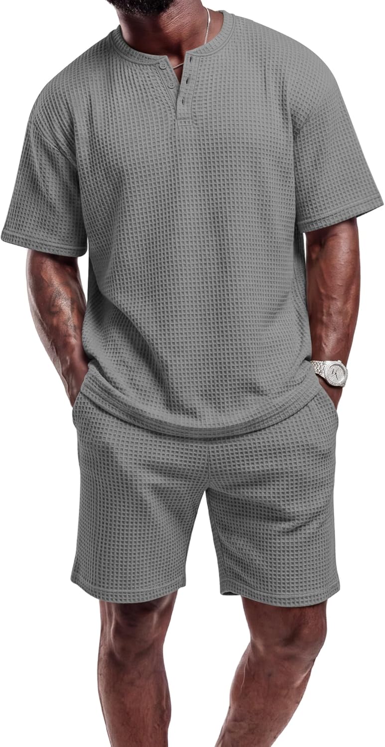 August Alley Men's 2 Piece Outfits Casual Shirt and Shorts Set Waffle Short Sleeve Henley Summer Tracksuit with Pockets