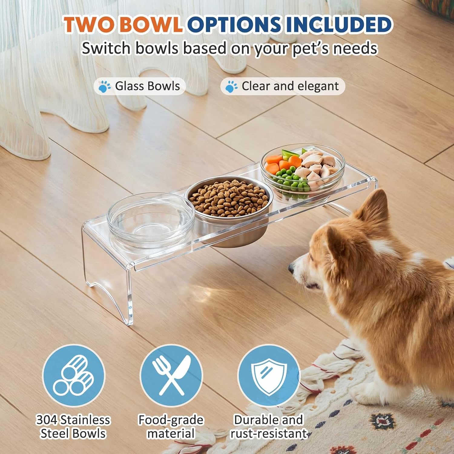 Elevated Acrylic Dogs Bowl Stand, 3.75" Tall Raised Cat & Dog Bowls with 3 Stainless & 3 Glass, Non-Slip, Easy to Clean, Raised Dog Bowls for Small Dogs, Cats, Pets, Puppy