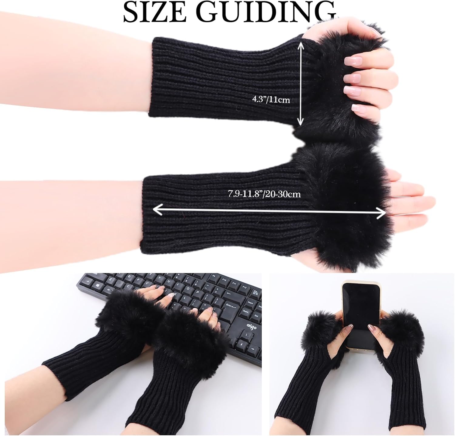 Winter Women Fingerless Gloves Knitted Arm Warmers Hand Mittens ThumbHole Faux Fur Wrist Short Cuff for Women - Image 5
