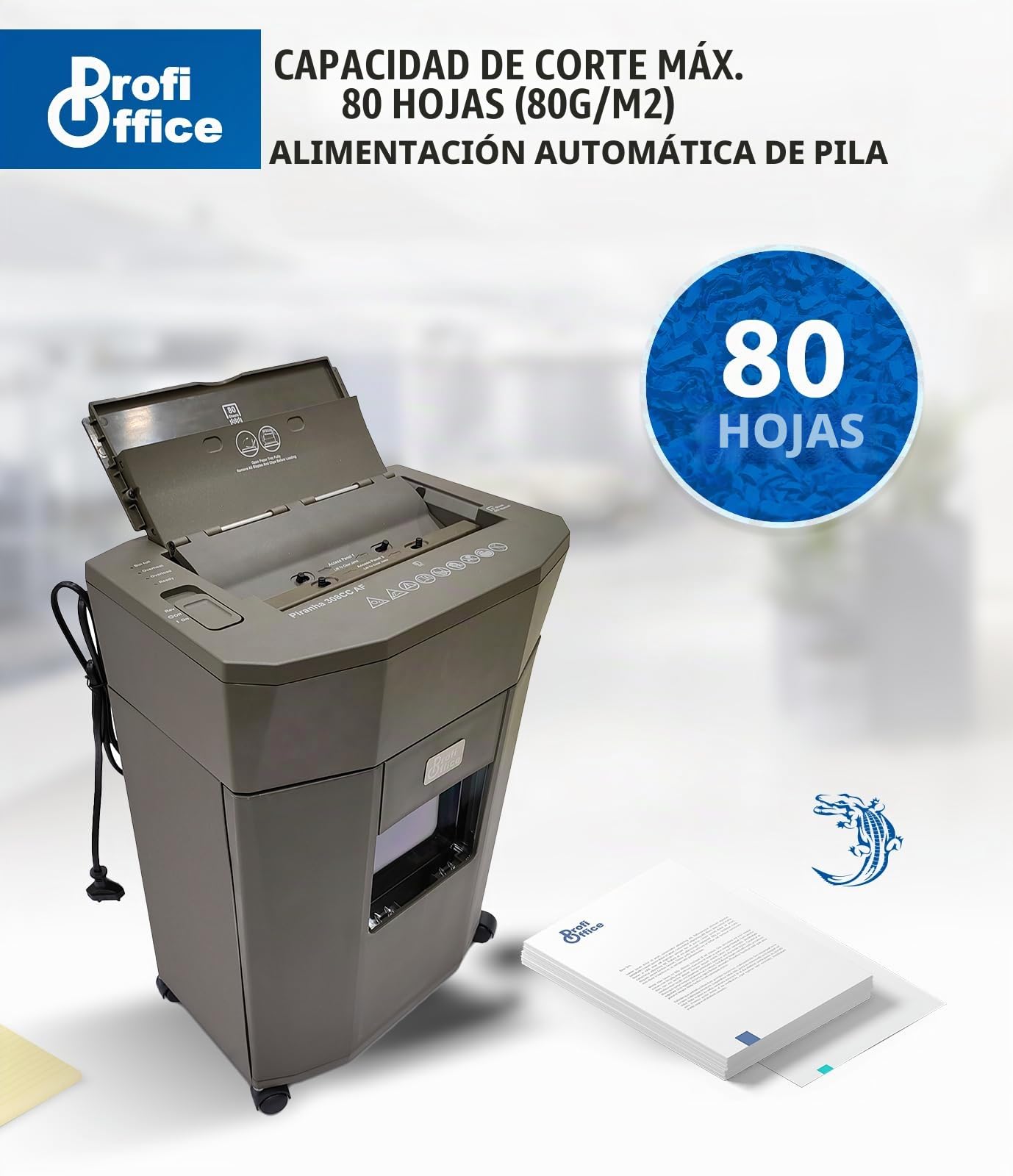 Trituradora de Documentos con Alimentación Automática 80 Hojas, Corte en Microcorte P-4, Contenedor de 14 litros y 4 Ruedas (91951)