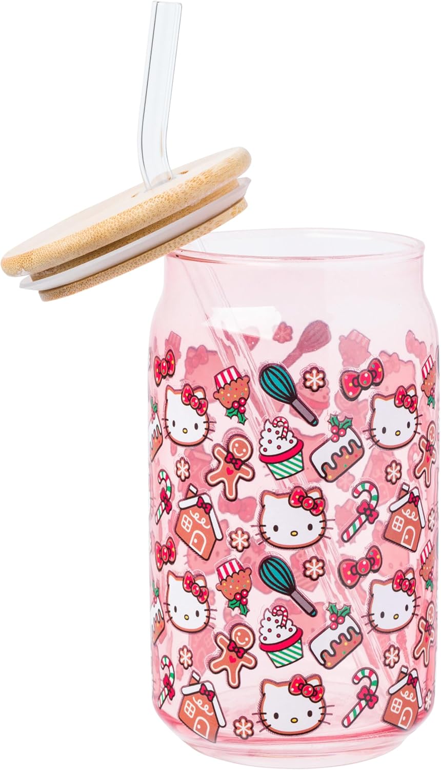 Silver Buffalo Sanrio Hello Kitty Gingerbread Cookies Christmas Holiday Pink Glass Jar Tumbler with Bamboo Lid and Glass Straw, 16 Ounces - Image 3