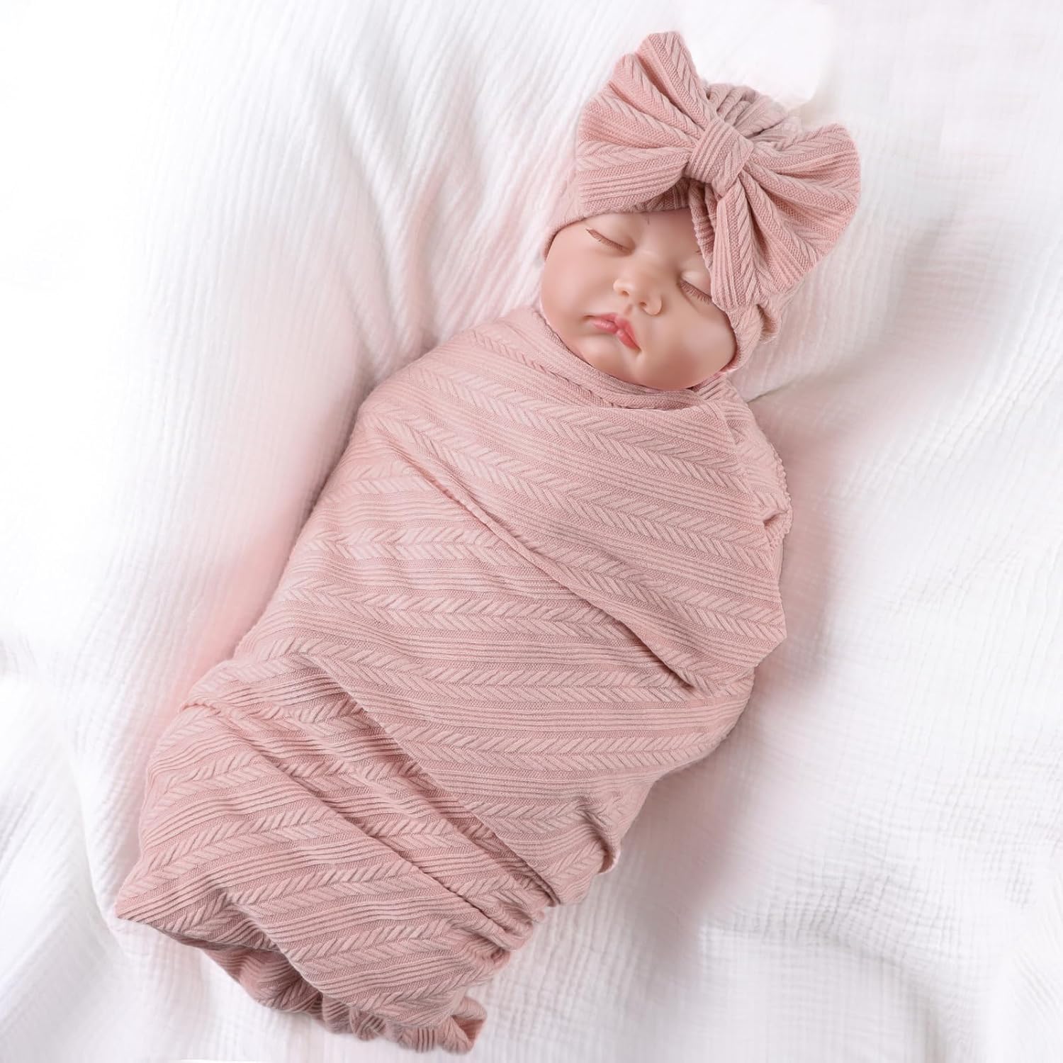 OMUKY Newborn Receiving Blanket Bow Headband and Beanie Set Baby Swaddle Receiving Blankets Baby Boy Girls Nursery Swaddle Wrap(White+Pink)
