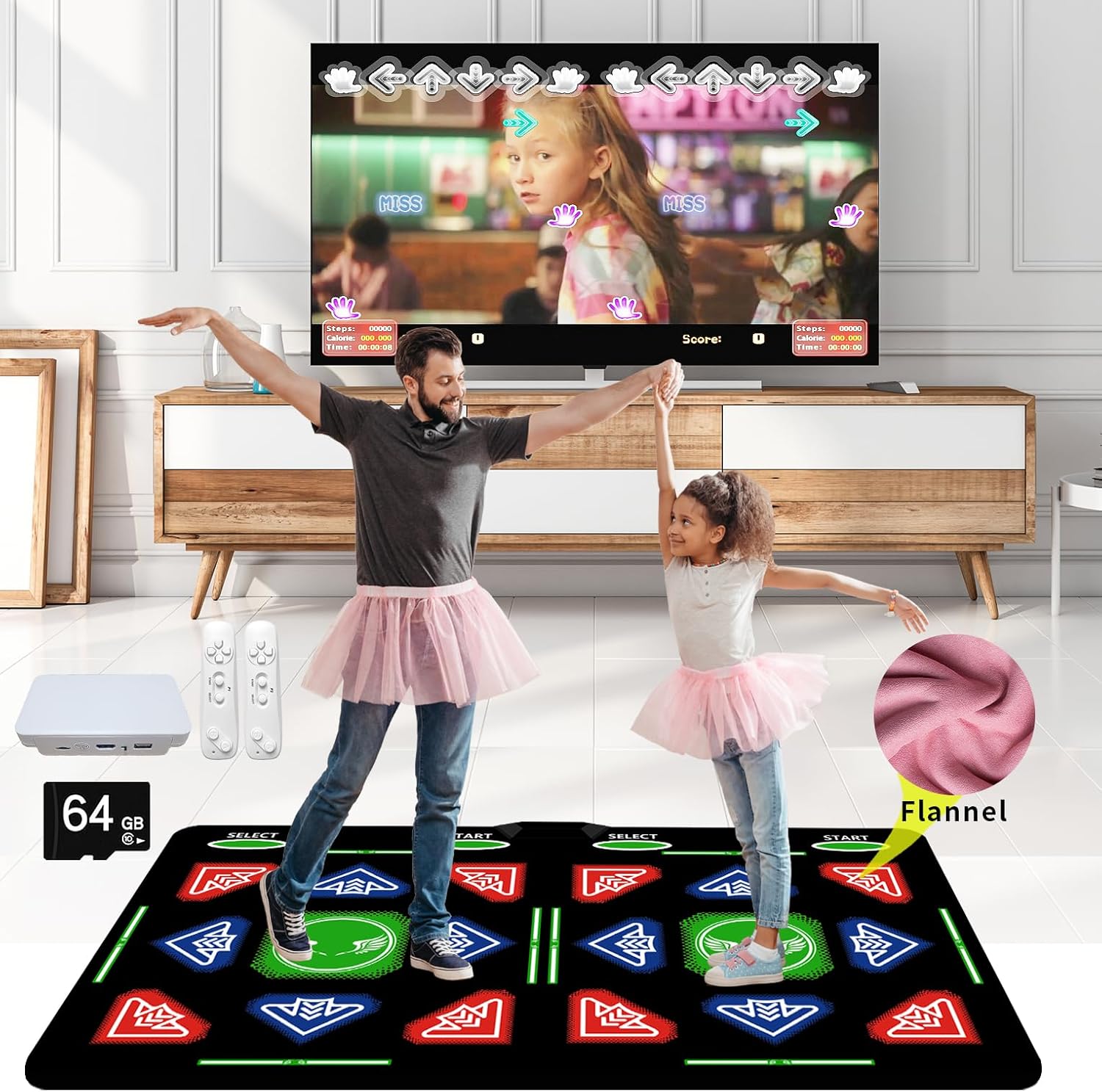 HDMI Double Music Dance Mat for Kids & Adults, Fitness Dance Pad with 64G Memory Card, 1000 Games, 885 Songs & 81 MVs, 3D Cartoon Dance Modes, Soft Flannel Material, Great