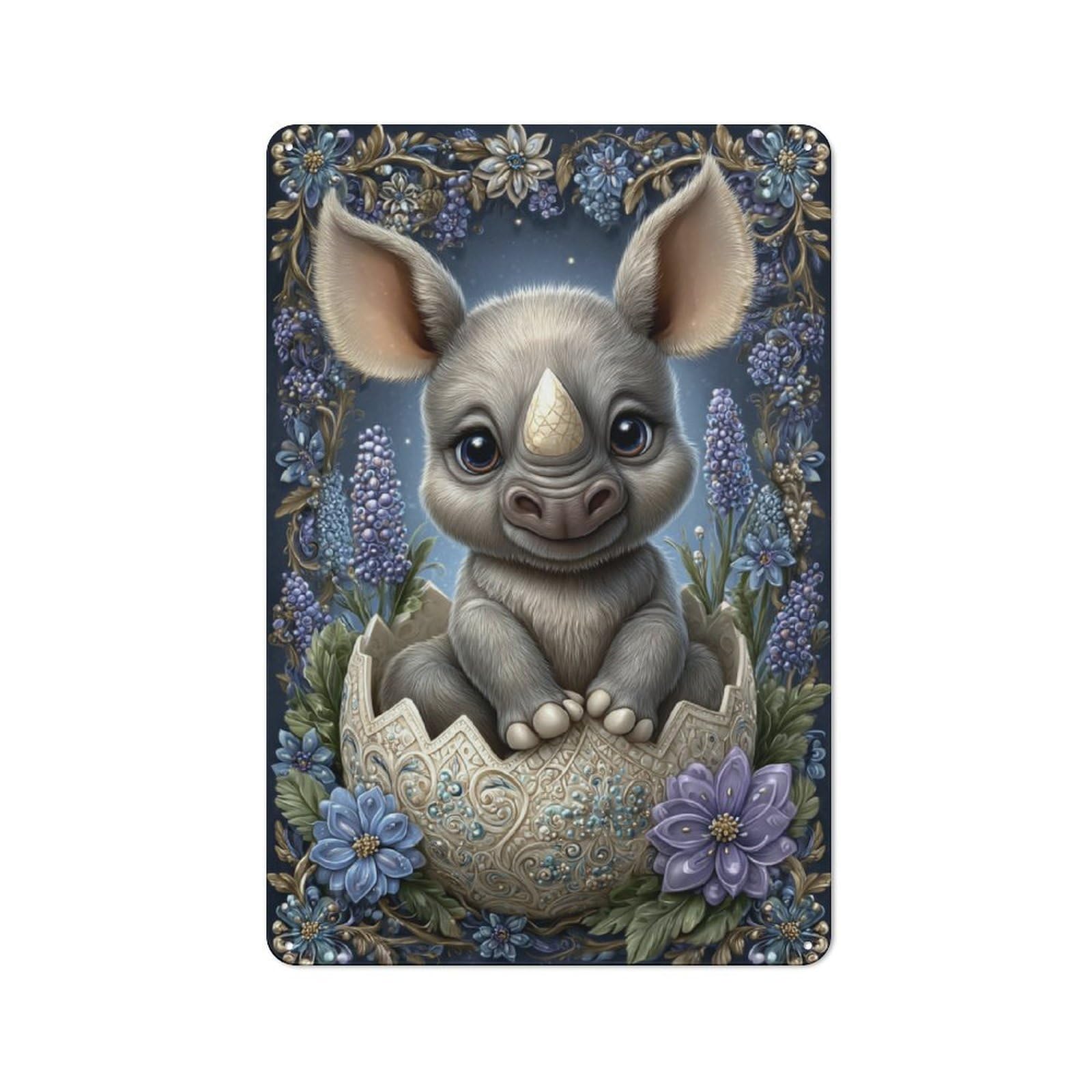 Junmoney Cute Rhino In Egg With Flowers Vintage Tin Sign 30X20cm With For Man Cave Or Games Room, Suited To Wall Displays In Games Rooms And Man Caves