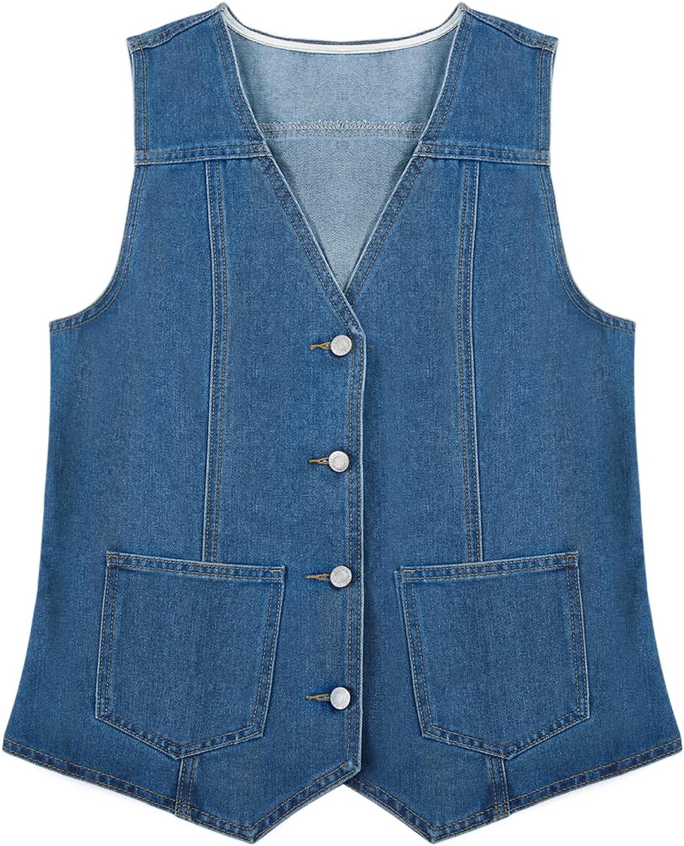 Tankaneo Denim Vest for Women Casual V Neck Button Down Sleeveless Jean Jacket - Image 4
