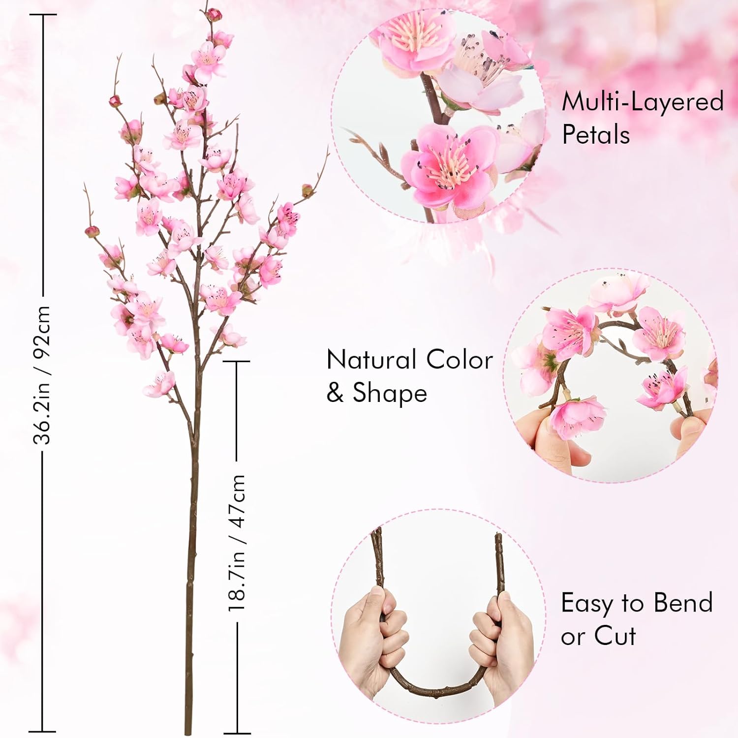 Waipfaru 4 Pcs Faux Cherry Blossom Decor, 36'' Long Stem Artificial Flowers for Tall Vase, Cherry Blossom Tree Branches for Floral Arrangements Wedding Spring Decorations (Pink) - Image 3