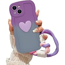 for iPhone 15 Plus Gradient Wavy Case with Wrist Strap Lanyard Cute Love Heart Curly Wave Frame Design Solid Color Soft Silicone Shockproof Cover for Girls Women 15 Plus 6.7'', Purple/Grey