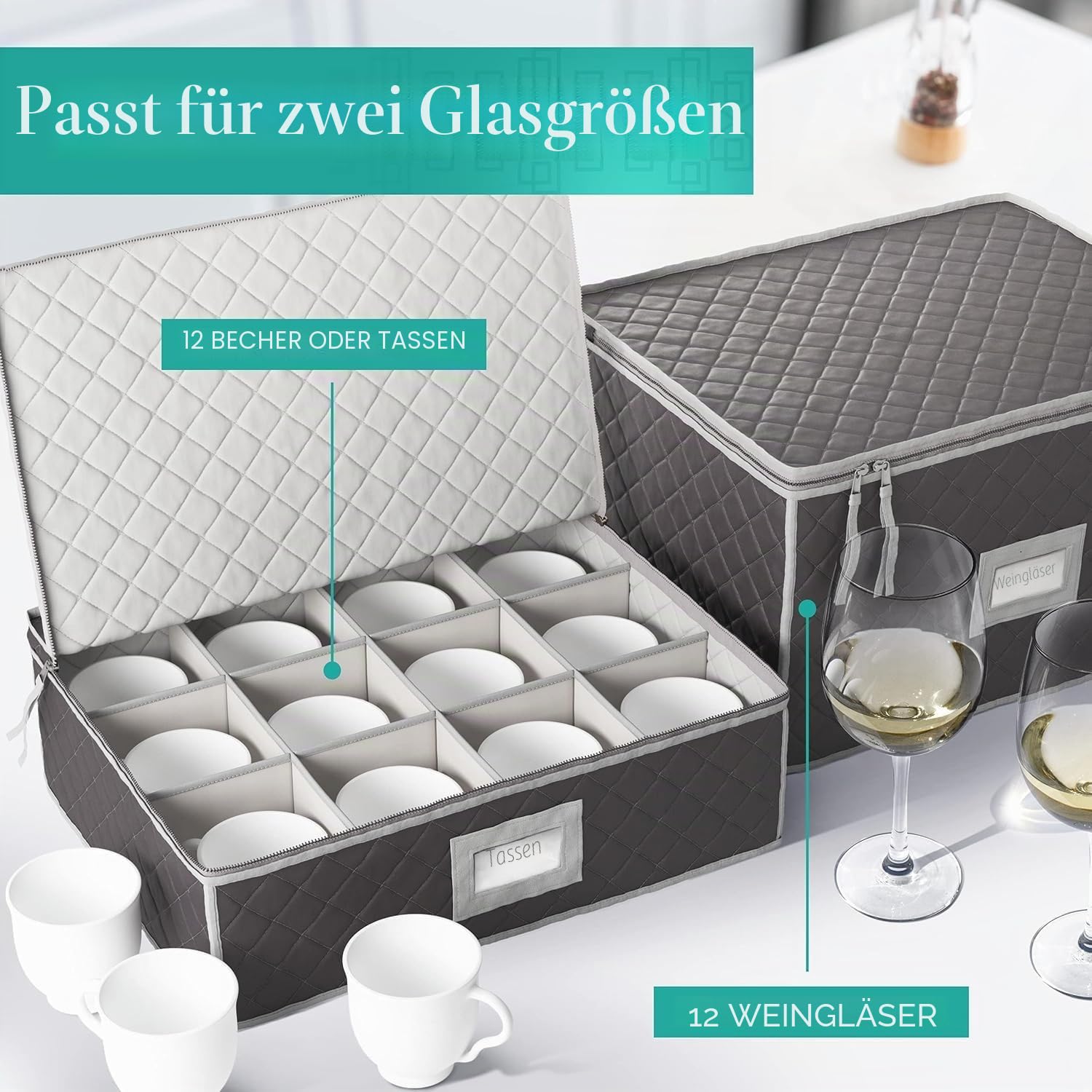 Geschirr-Aufbewahrungsset – gesteppte Behälter für feines Porzellan und Gläser – 12 Personen, 6-teiliges Geschirr-Aufbewahrungsset enthält 48 Filzschoner für Teller mit Einsteckkarten für einfaches
