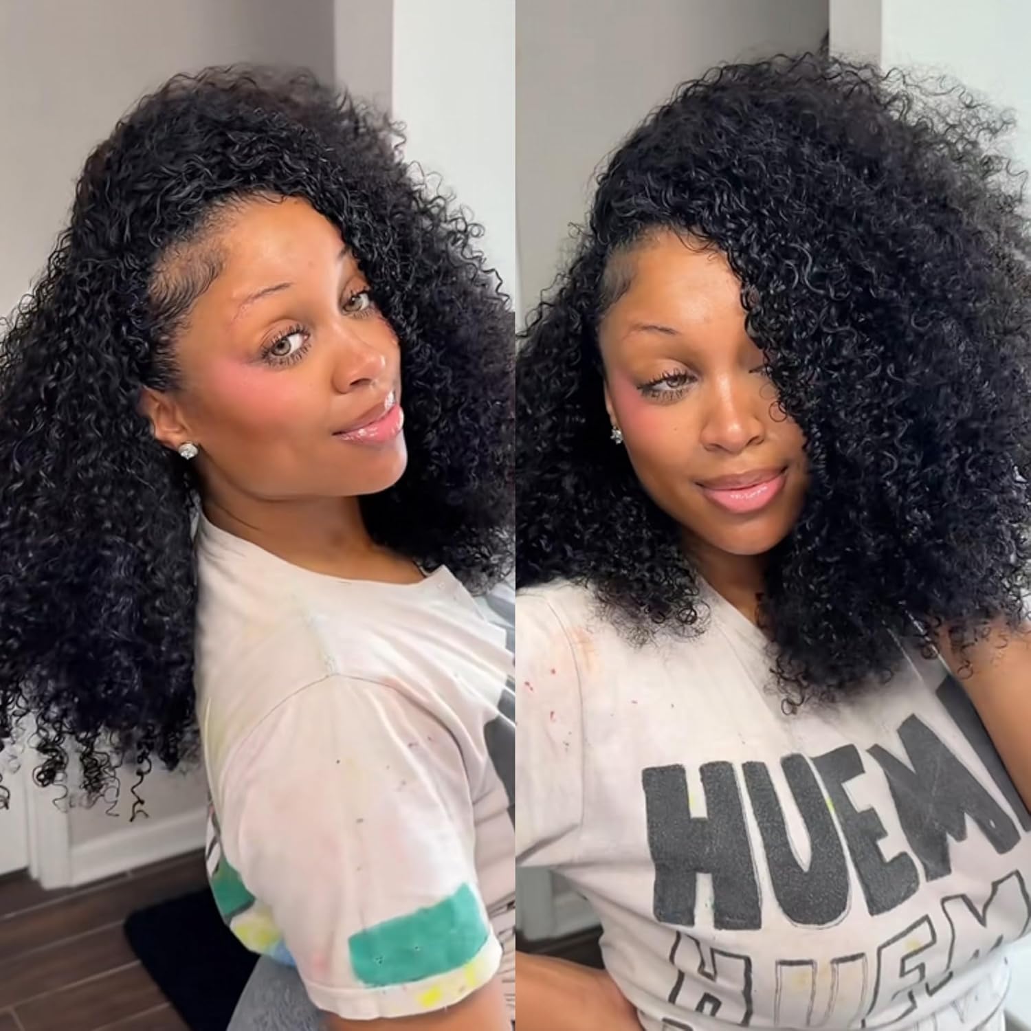 Frodio Kinky Curly Half Wig 20 Inches Veralux Fiber Blend Human Hair 3 in 1 Shaggy Waves Flip Over Drawstring Wig 200% Density Glueless Wigs Natural Black Ready to Go Headband Wig for Women