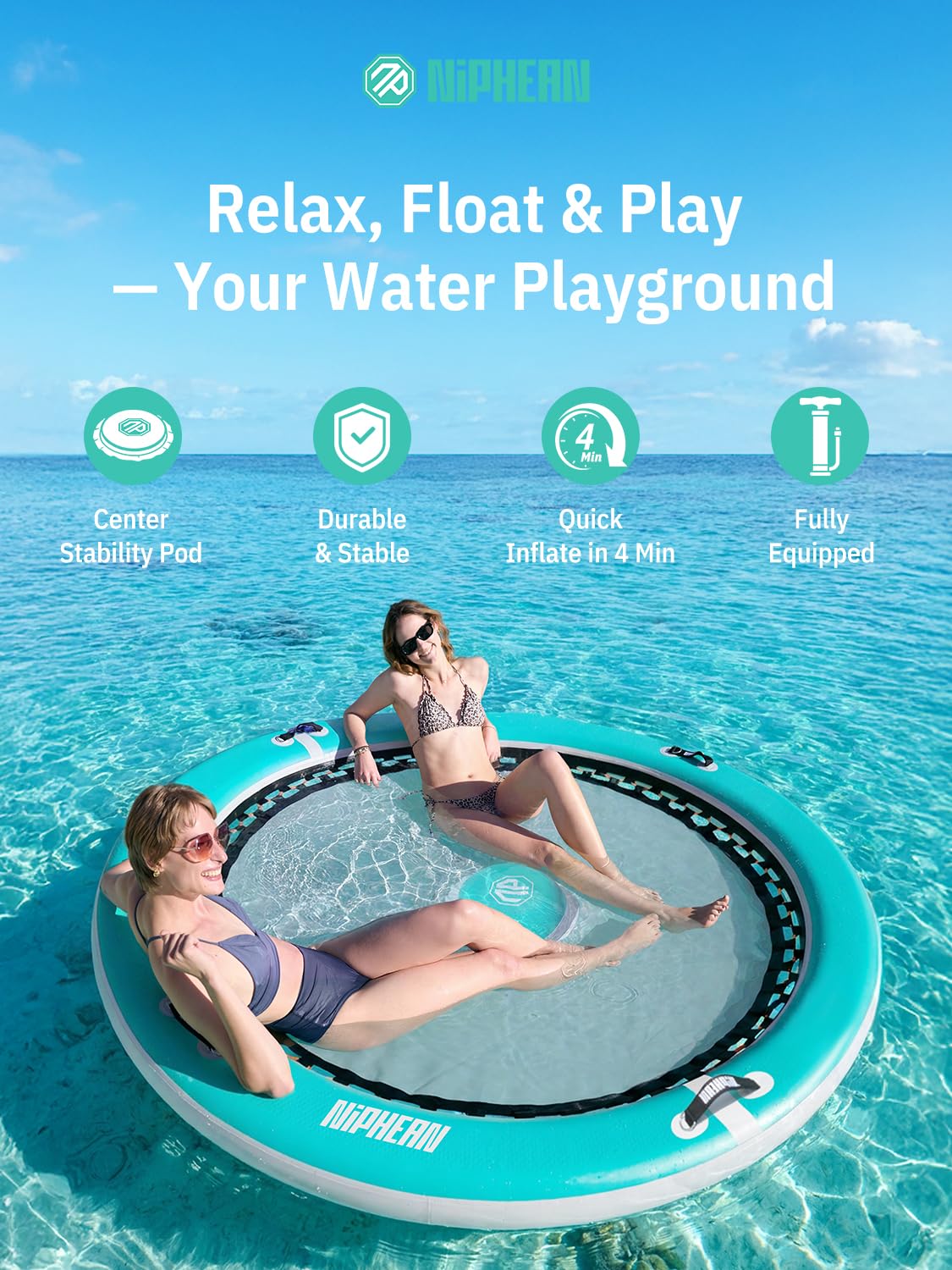 Niphean Aufblasbare Wasserhängematte, 8FT Schwimminsel mit aufblasbarem Unterstützungs-Pod für Erwachsene & Kinder, Schwerbelastbares Rundes Schwimmendes Dock für See, Fluss und Sonnenschwimmbecken