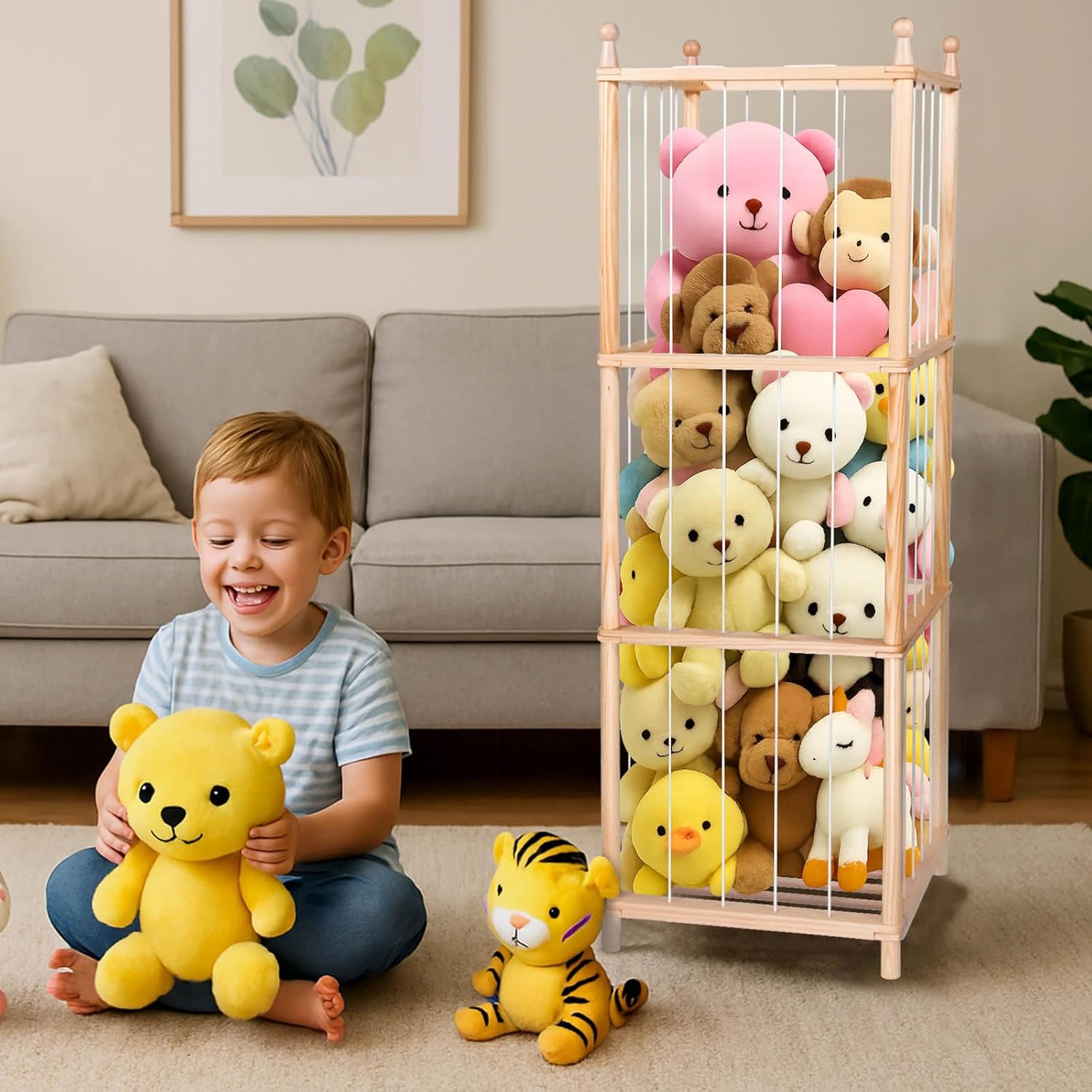 Home Storage Cabinet,Wooden Holder with Elastic Band,Plushies Organizer for Bedroom Living Room (Natural)