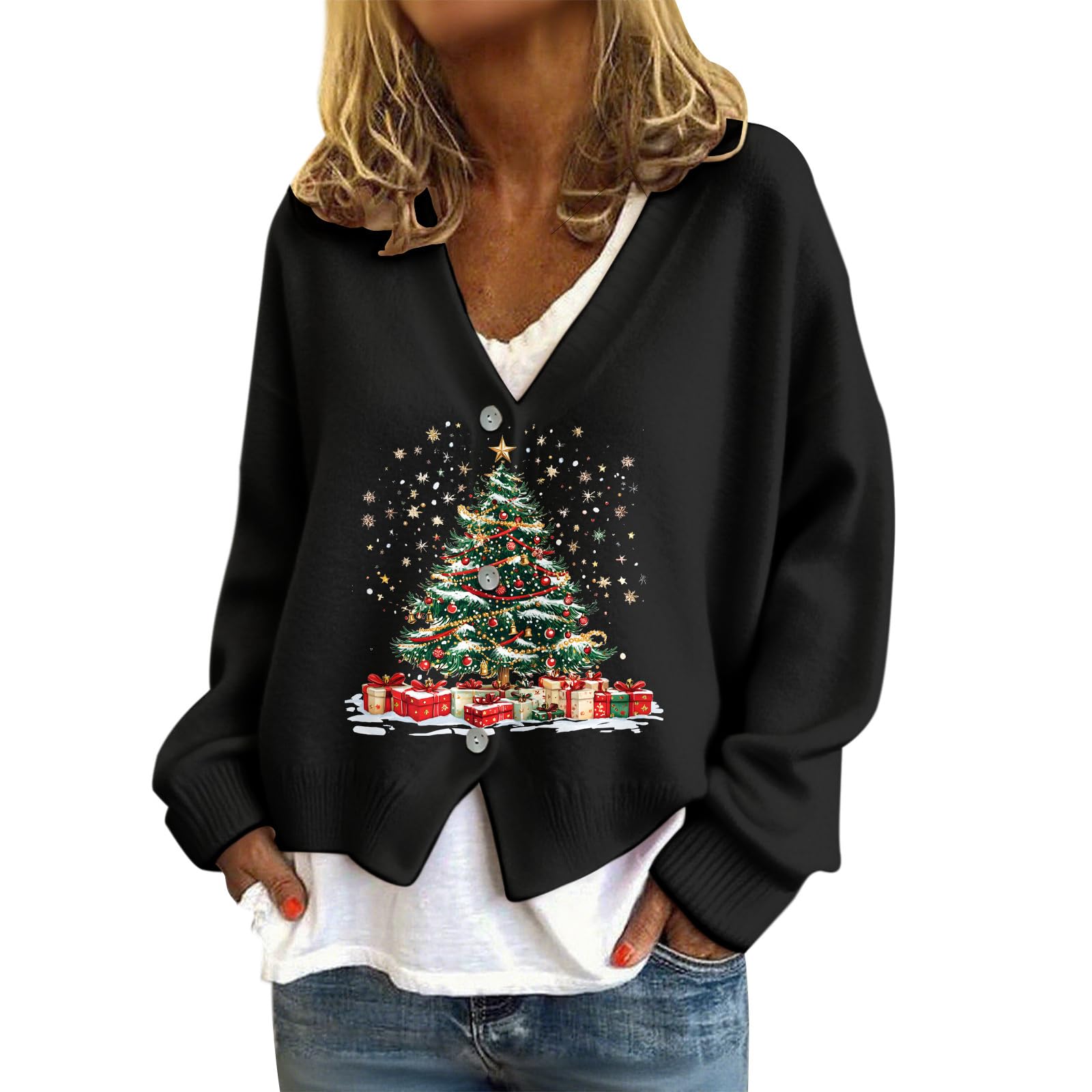 Christmas Sweatshirts for Women 2025 Funny Xmas Print V Neck Button Up Cardigans Open Front Casual Long Sleeve