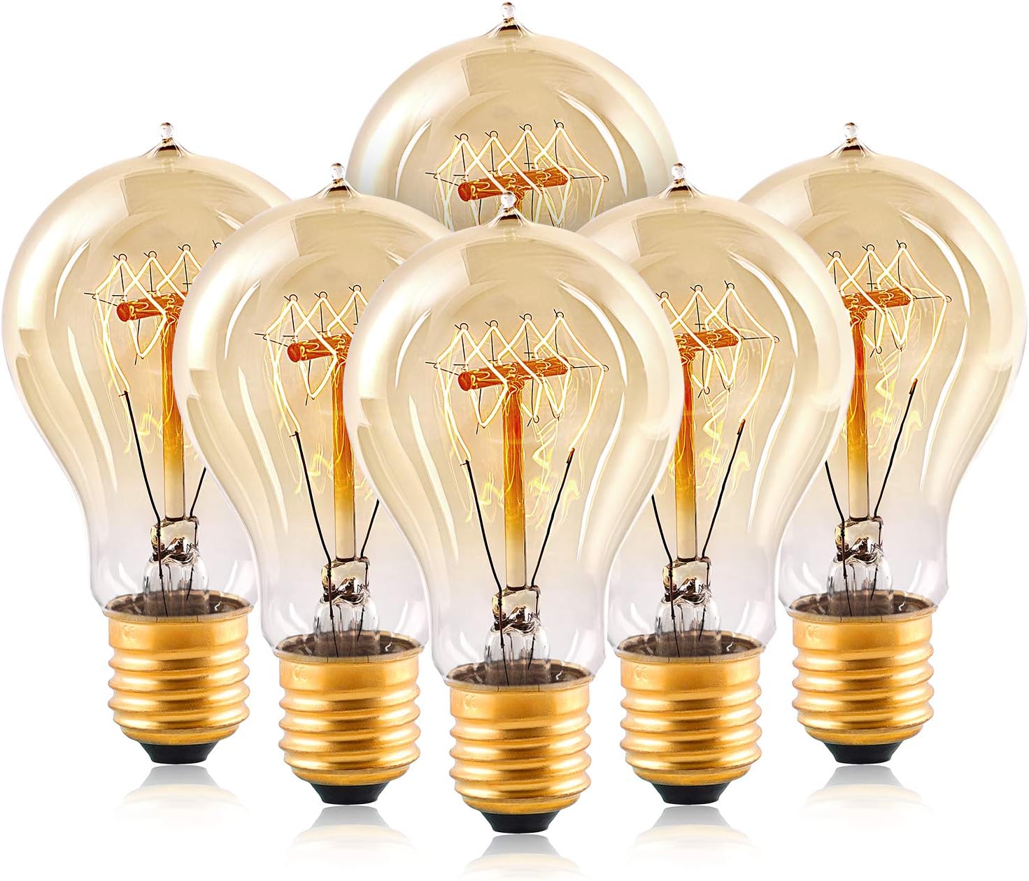 HESSION Edison Light Bulbs, A19 led 40w Vintage Antique Tungsten Filament Bulbs,E26 Base Edison Bulbs, Decorative Light Bulb Dimmable Amber Glass(6 Pack)