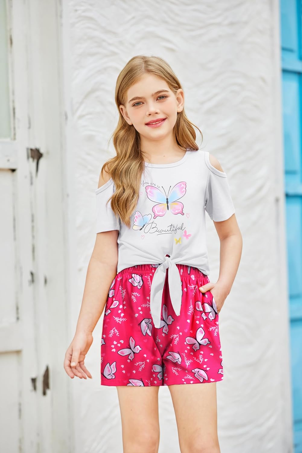Arshiner Girls Short Sets 2 Pieces Outfits Short Sleeve Tie Knot T-Shirts and Casual Shorts With Pockets Cute Clothes Sets - Image 2