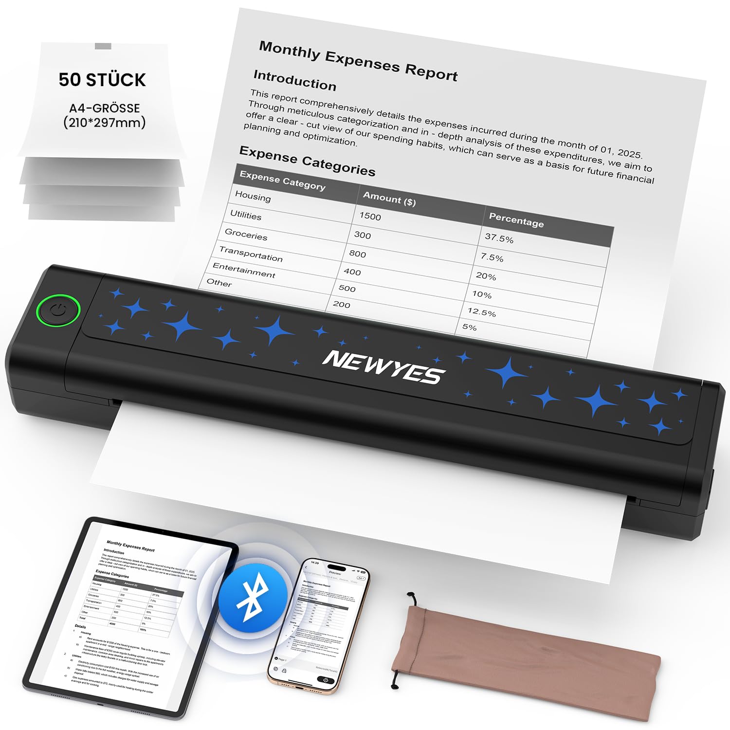 NEWYES Tragbarer A4 Thermodrucker, 203 DPI Ohne Tinte Bluetooth Drucker mit 2000mAh Akku für Unterwegs & Auto, Kompakt Reisedrucker Unterstützt iOS Android & Laptop, Mobiles Büro
