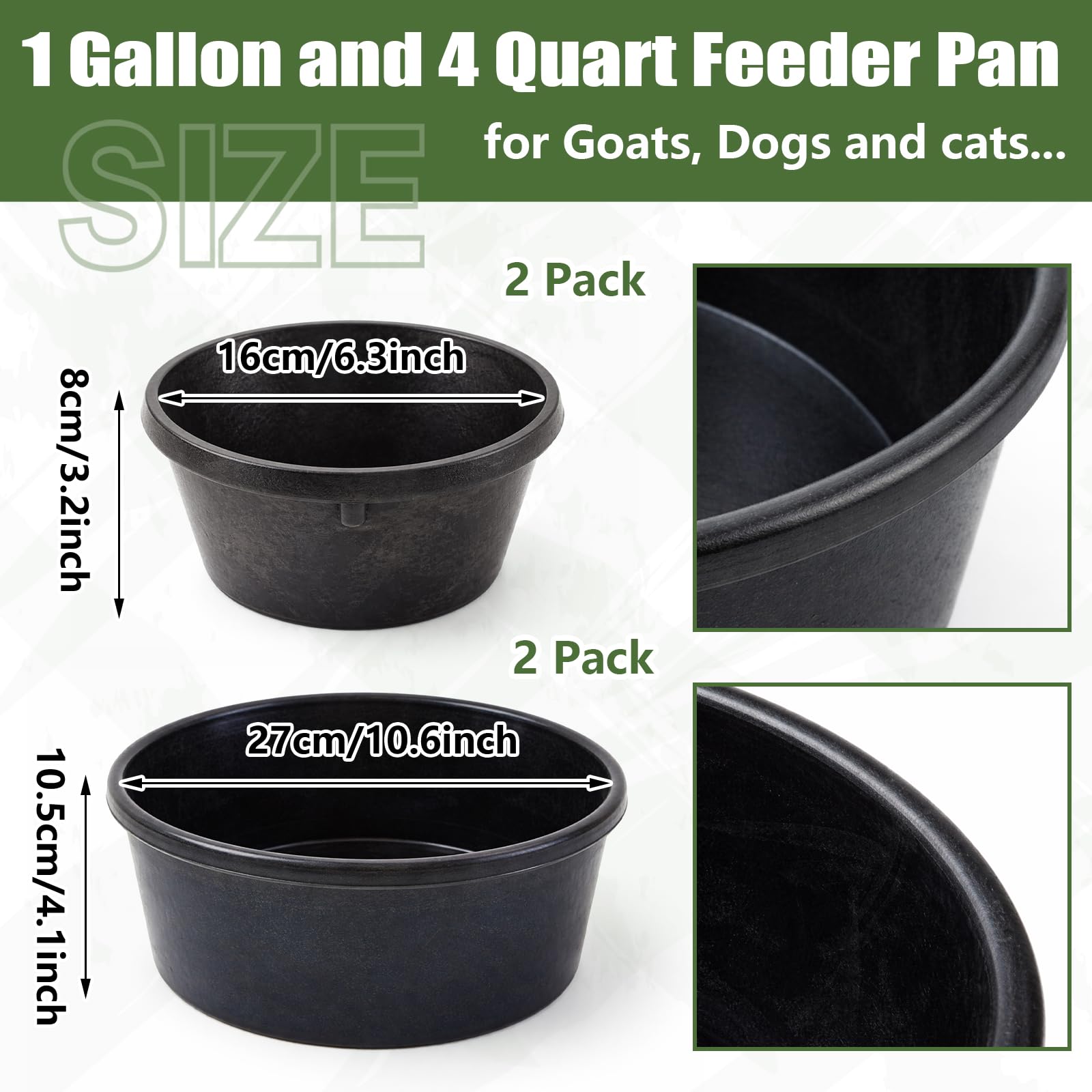 Sadnyy Gummi-Futterspfanne, 4 Stück, 1 Quart/0,25 Gallonen und 4 Quart/1 Gallonen Futterwanne Wassertrog Gummischüssel Bad Staubbehälter für Huhn Ente Schwein Hunde Katzen Ziegen Pferde Outdoor