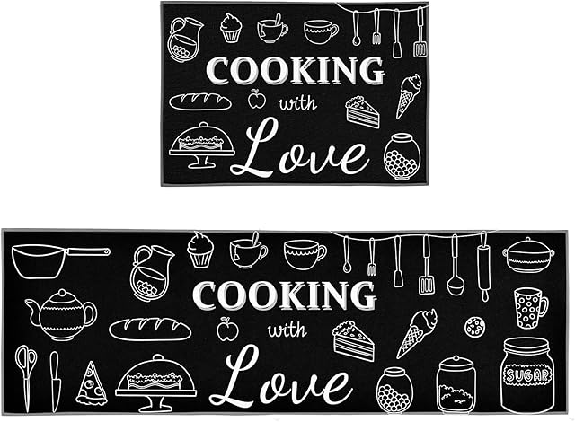 Black Kitchen Rugs and Mats Sets of 2 Pieces Funny Kitchen Decoration Non Slip Super Absorbent Kitchen Mat Runner Rug for Sink, Kitchen, Hallway, Laundry Room (Dessert, 40x120cm+40x60cm)