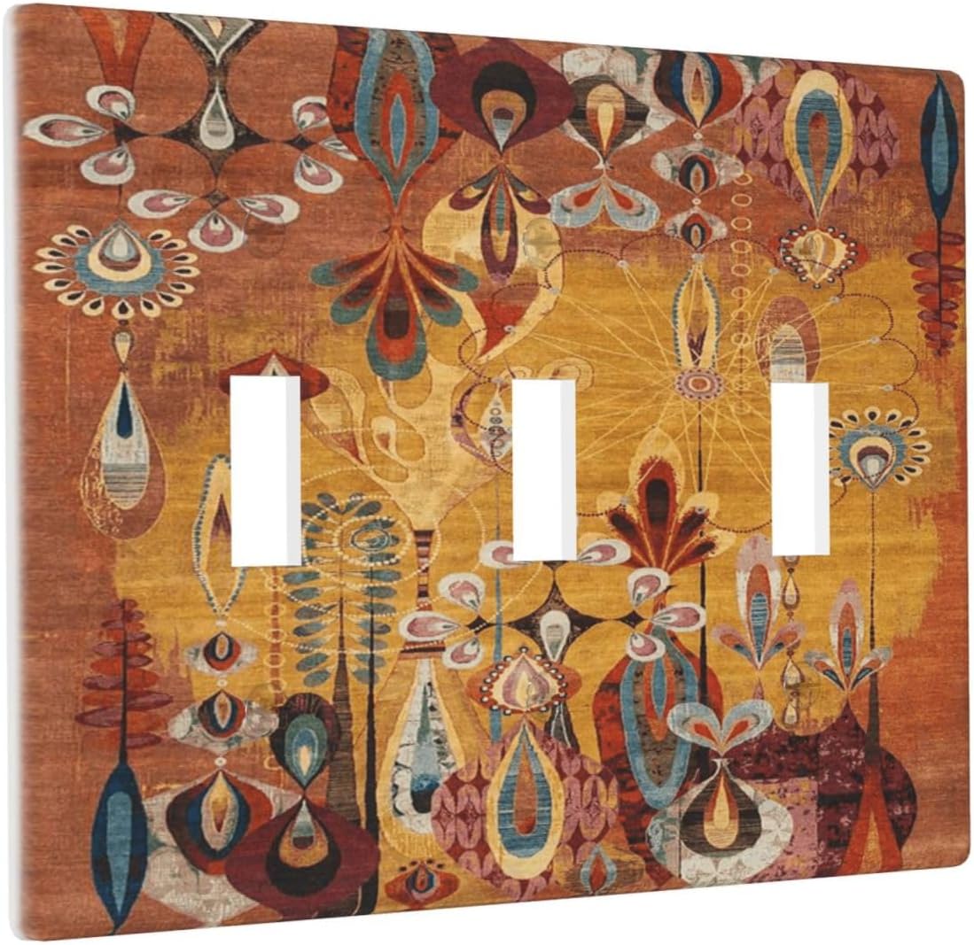 African Abstract West Folk Art Forms Unique Lines 3 Gang Triple Toggle Light Switch Wall Plate Cover Decorative Electrical Faceplate for Rustic Barn Door Home Living Room Decorate