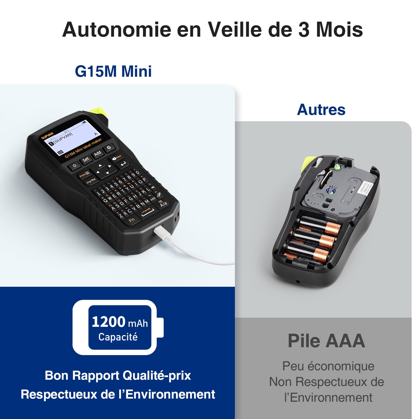 SUPVAN G15M Mini Étiqueteuse Portable avec Tube Thermorétractable | Thermorétractable & Multi-Étiquettes,Rechargeable,LCD Rétroéclairé,Marge Réduite,Transfert Thermique,Maison,Garage,Extérieur