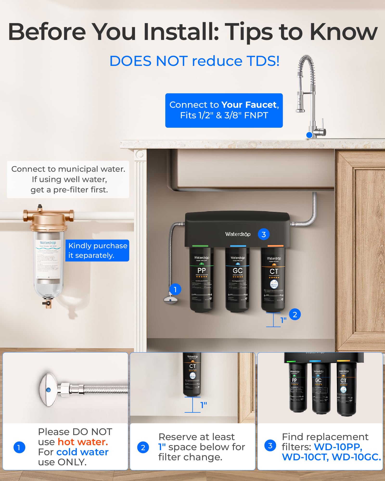 Waterdrop TSA system filtrowania wody pod zlewem, 3-stopniowy system filtracji wody o dużej pojemności, certyfikat NSF/ANSI 42, redukcja PFAS, PFOA/PFOS, redukcja ołowiu, chloru, złego smaku