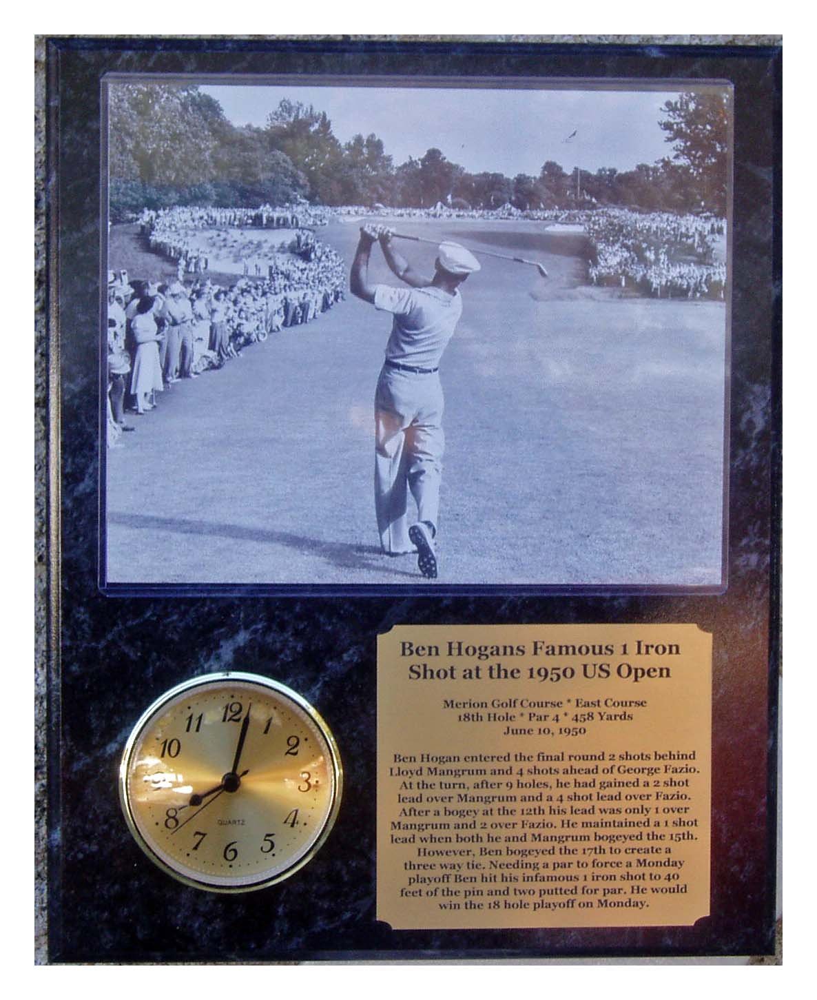 GFSF Ben Hogan 1950 US Open Famous 1 Iron Shot 8x10 Photo Clock Plaque with Descriptive Nameplate