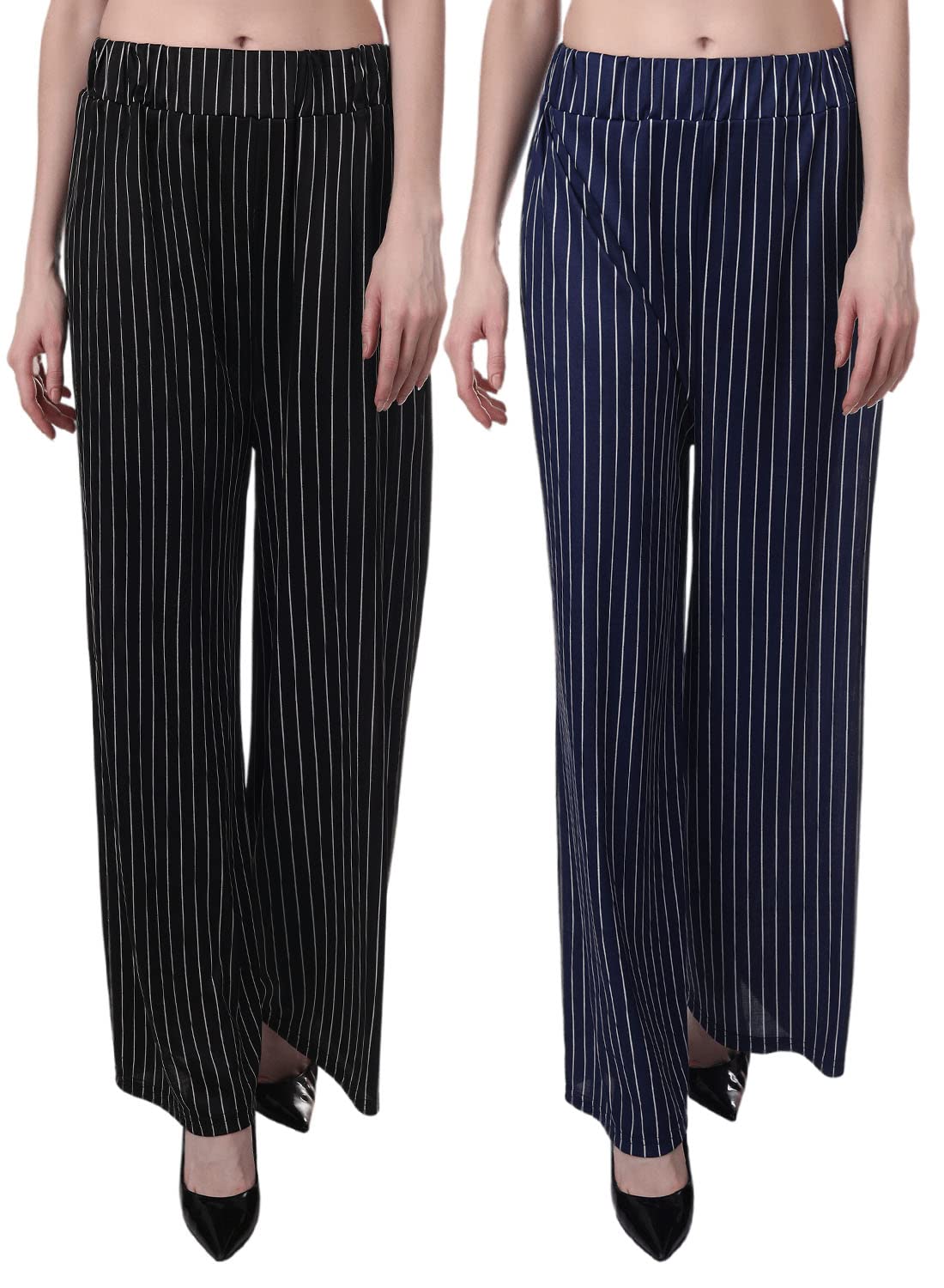 Printed Striped Western Palazzo/Trouser/Pant for Women/Girls Combo (Waist 28 Inches to 36 Inches) Assorted Colours Black and Navy Blue-image-10