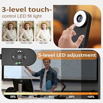 Visualiser for Teaching: 12MP Document Camera & 4K Webcam with Manual Zoom, Auto Focus, Built-in Mic, LED Light, For Mac/Windows/Chromebook, Zoom/OBS | for A3, Distance Learning, Online Art