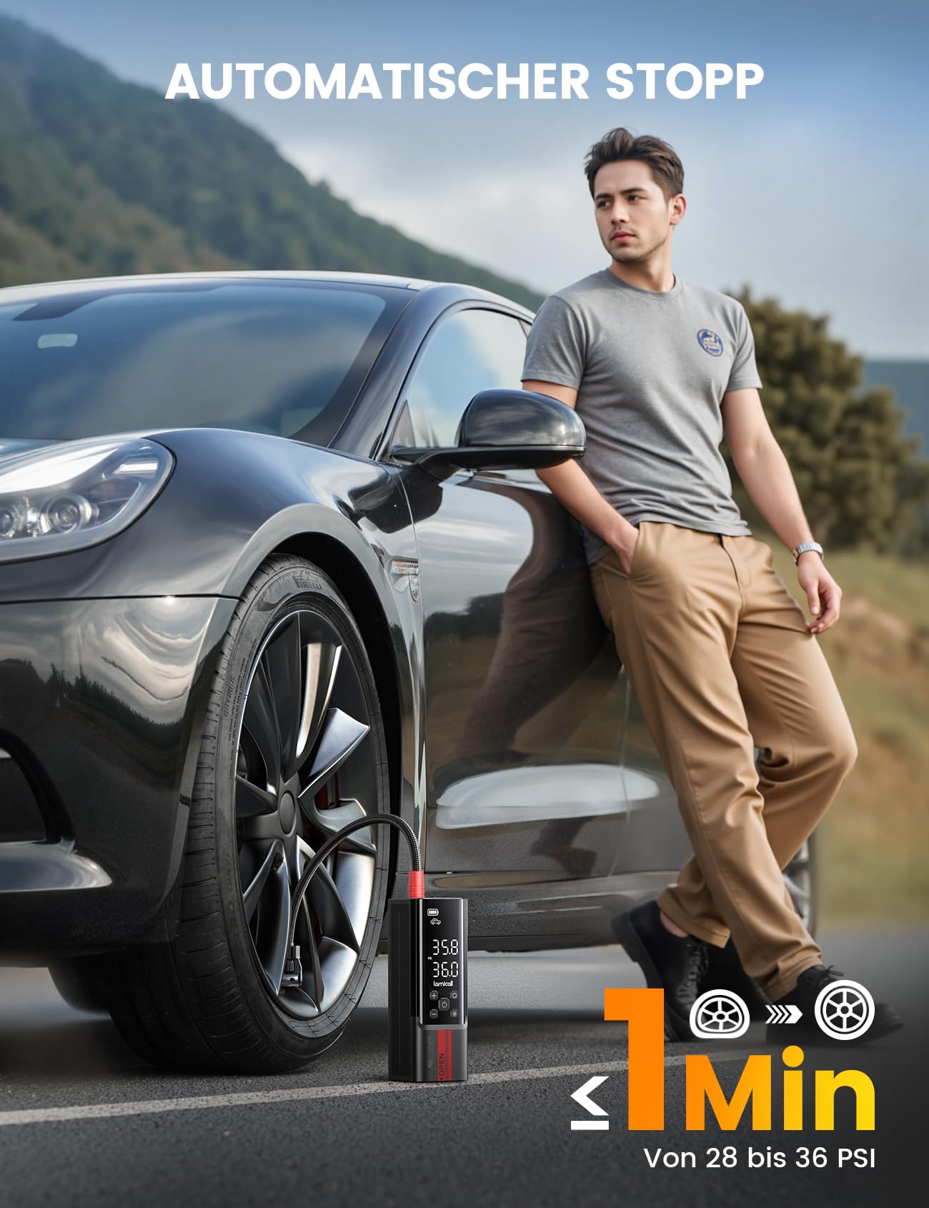 Lamicall Elektrische Luftpumpe, Akku Fahrradpumpe - [Upgrade Metallzylinder] 150PSI Schnelles Tragbare Kompressor mit Digital Manometer & Powerbank, Kabelloser Pumpe für Auto Fahrrad Motorrad Roller