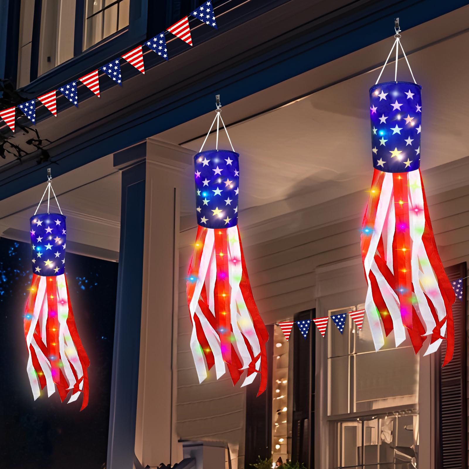 TURNMEON 3 Pack 30" American Flag Windsocks with 30 Colored LED Light Battery Box Operated 4th of July Decoration USA Wind Sock Red White Blue Stars Stripes Patriotic Memorial Day Outdoor Decoration