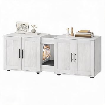 Dual Room Wooden Cat Litter Cabinet for 2 Cats, Hidden Litter Box Enclosure Furniture with Scratching Mat, Pet Litter Storage, Cat Cages Indoor, Waterproof, Easy Clean, 55  x 17.7  x 22.5 , White