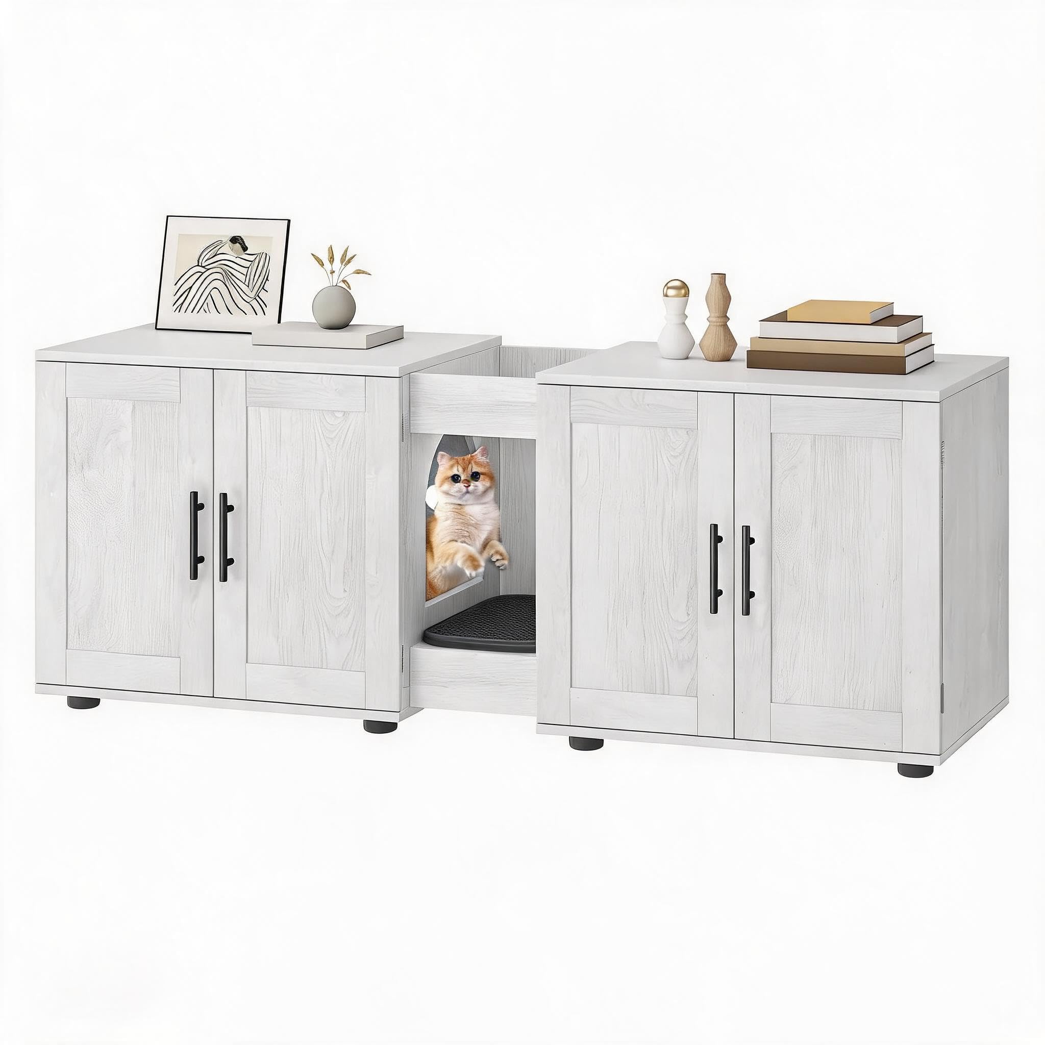 Dual‑Room Wooden Cat Litter Cabinet for 2 Cats, Hidden Litter Box Enclosure Furniture with Scratching Mat, Pet Litter Storage, Cat Cages Indoor, Waterproof, Easy‑Clean, 55” x 17.7” x 22.5”, White