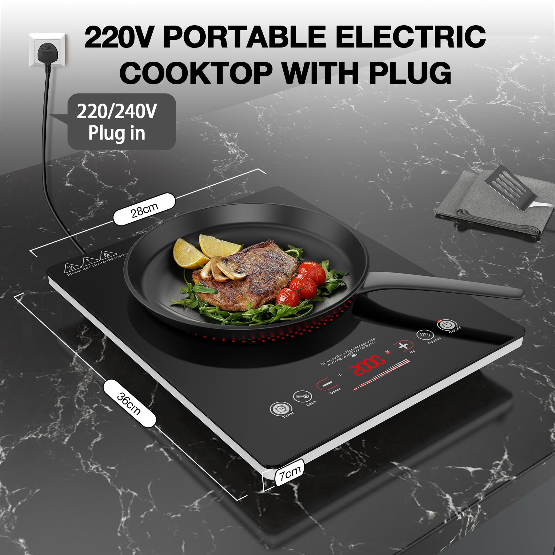 VBGK Electric Ceramic Hob with Plug-in, Single Electric Hob, Single Cooking Zone with LCD Touch Screen, 4-Hour Timer, 9 Power Levels Up to 2000W, Safety Lock, 220-240V — view 8