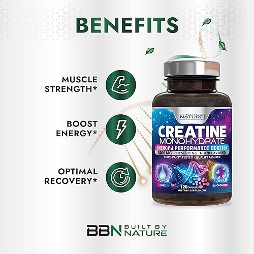 Miniatura 4 de Built by Nature Píldoras de monohidrato de creatina, suplemento de creatina micronizada para hombres y mujeres, fuerza muscular, energía,