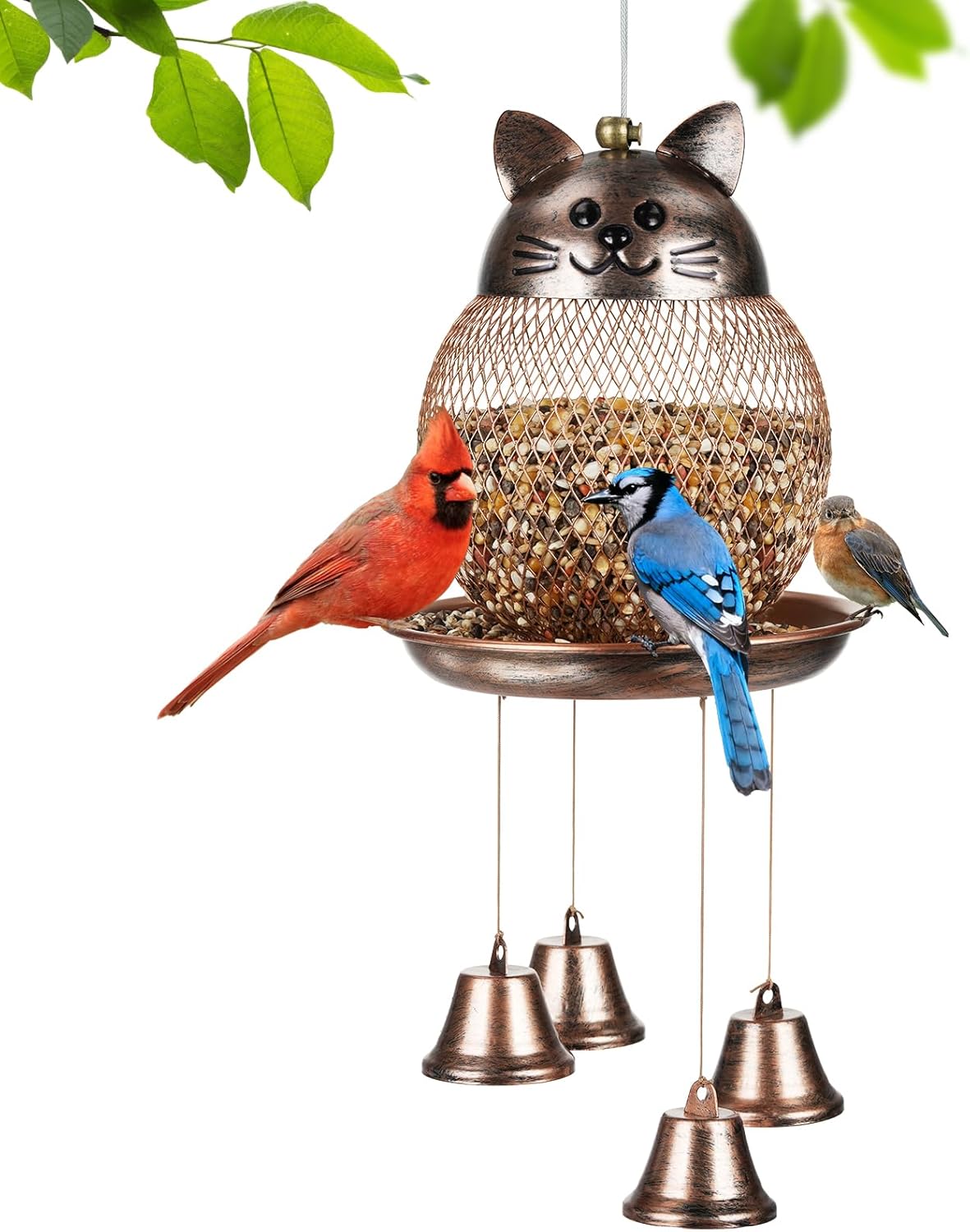 LBTING Bird Feeder for Outside, Cute Cat-Shaped Wind Chimes Bird Feeder, Metal Wild Bird Feeder Decoration for Hanging Outdoor Garden Yard
