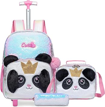 Kids Rolling Cats Backpack for Girls Plush Trolley Suitcases Luggage Travel with Wheels Bookbag Wheeled 17" 3PCS Roller Backpacks Set Toddler Back Pack School Bags for Elementary Pink