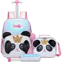 Kids Rolling Cats Backpack for Girls Plush Trolley Suitcases Luggage Travel with Wheels Bookbag Wheeled 17" 3PCS Roller Backpacks Set Toddler Back Pack School Bags for Elementary Pink