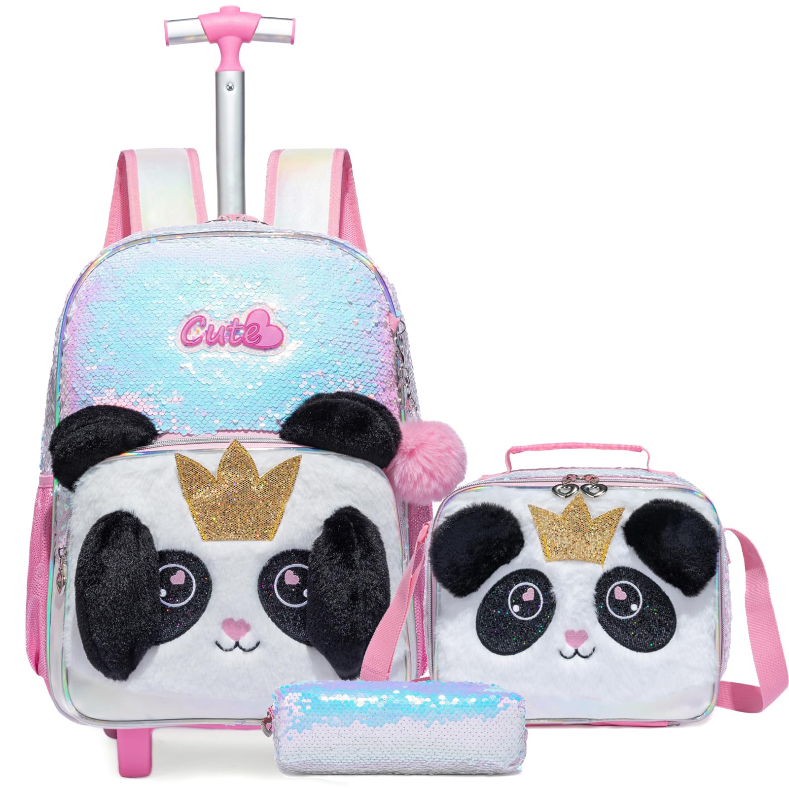 Egchescebo Kids Rolling Cats Backpack for Girls Plush Trolley Suitcases Luggage Travel with Wheels Bookbag Wheeled 17" 3PCS Roller Backpacks Set