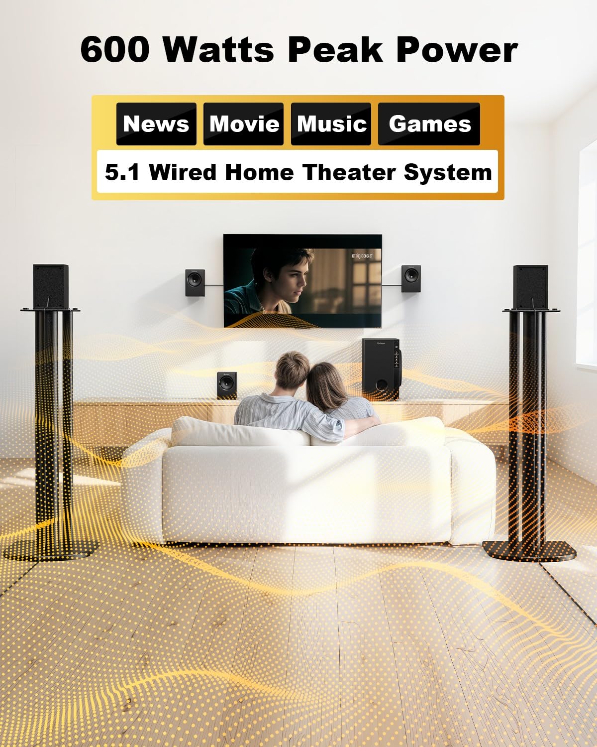 Bobtot Sistemas de cine en casa con subwoofer de 5.25 pulgadas, altavoces de sonido envolvente satélite con cable 5.1, potencia máxima de 600 vatios, sistema estéreo de audio de graves profundos con