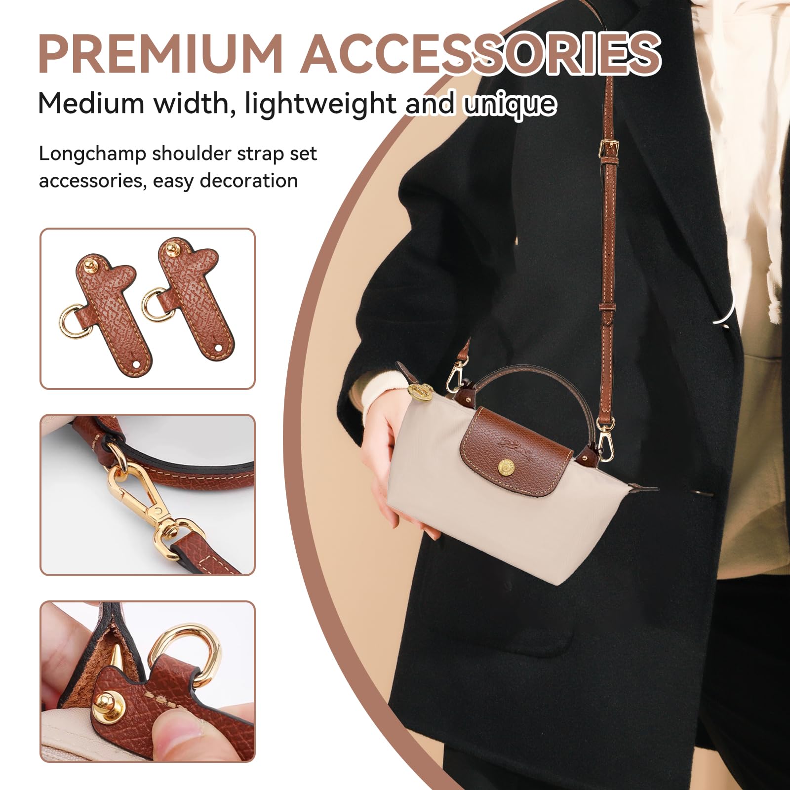 Pasek na ramię do torebki typu Longchamp, pasek na ramię i organizer do mini torby Longchamp, organizer do portfela z wieloma kieszeniami, regulowany pasek zapasowy ze skóry (bez opakowania)