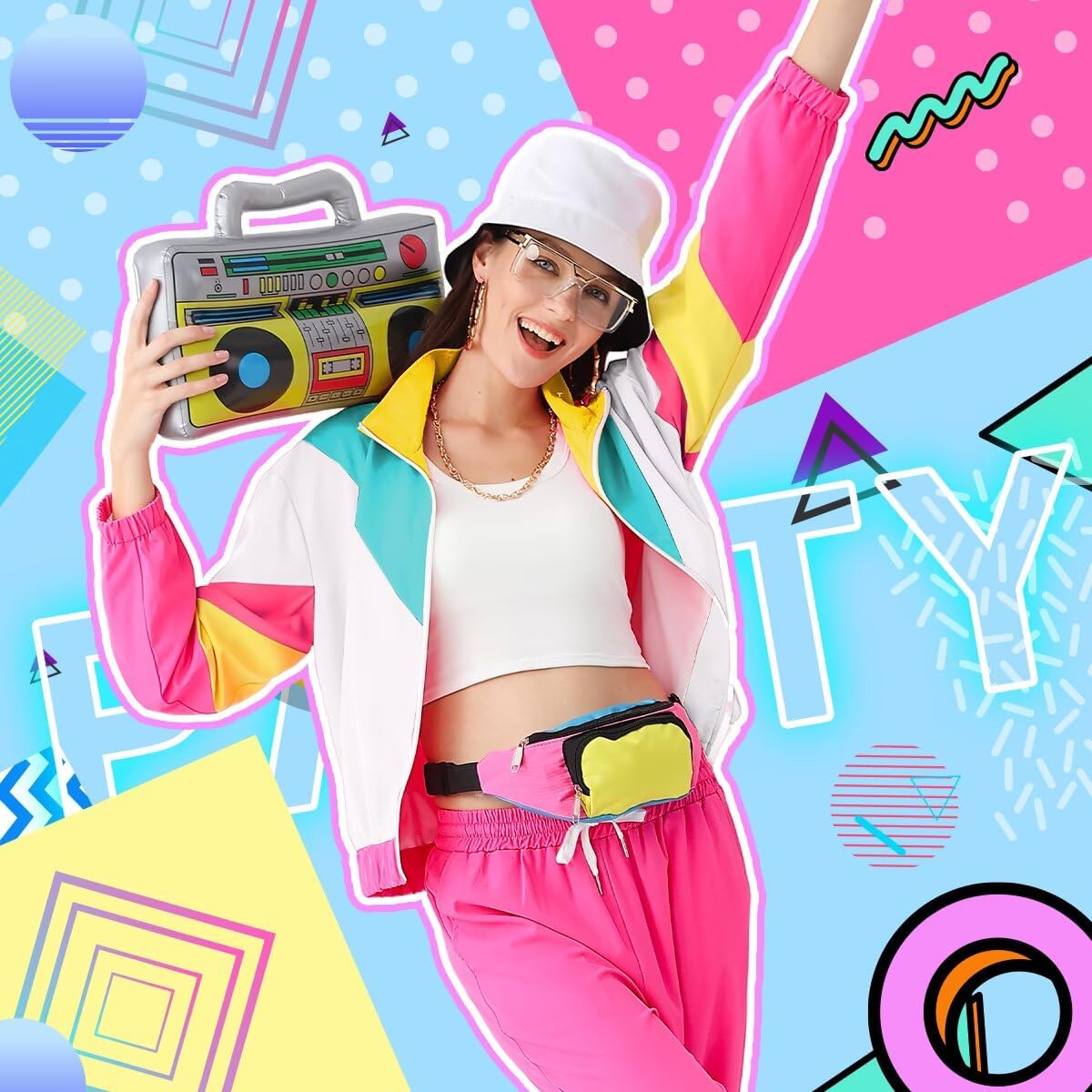 Women's 80s 90s Outfits Tracksuit Costume Accessories Set, Color Block Windbreaker Jacket Neon Fanny Pack - Image 2