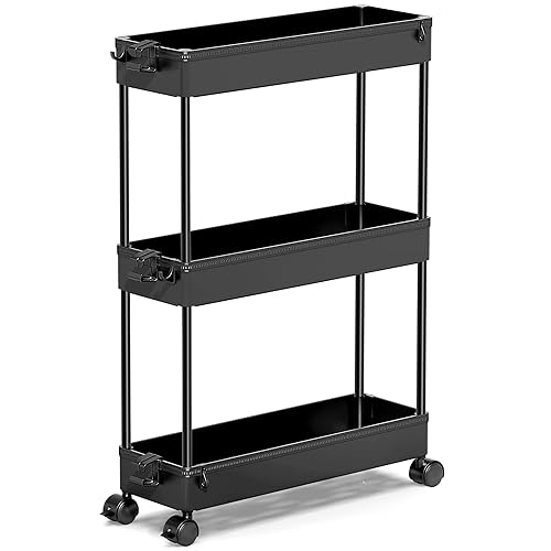 SPACEKEEPER Slim Rolling Storage Cart, 3 Tier Bathroom Storage Organizer Laundry Room Utility Cart Mobile Shelving Unit, Multi-Purpose for Kitchen Office Bathroom Laundry Narrow Places, Black - Black