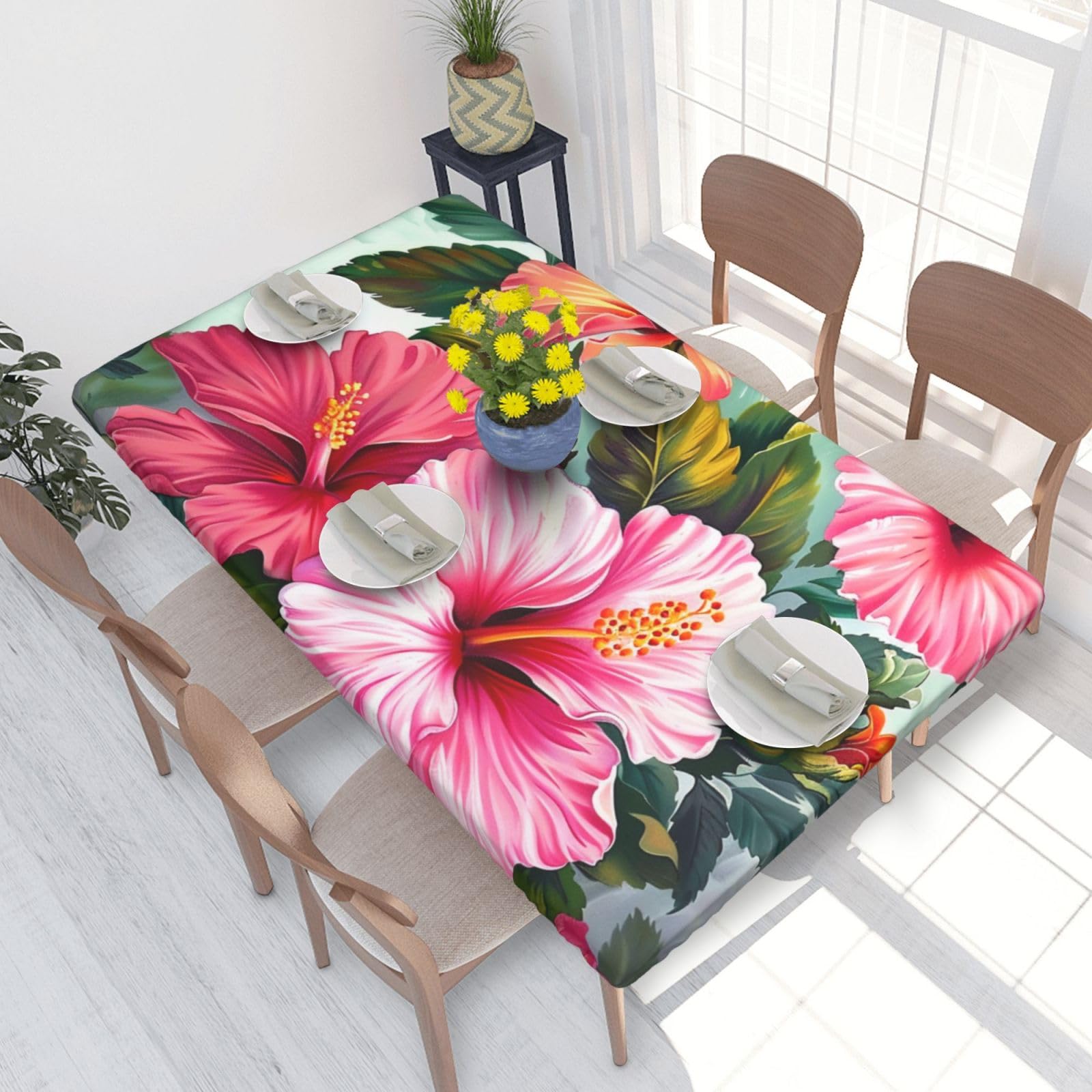 WPKJU Hibiscus Flowers Art Printed Tablecloths 4ft Rectangular Table Covers Washable Polyester Decorative Table Cloth for Dining Table Picnic Wedding