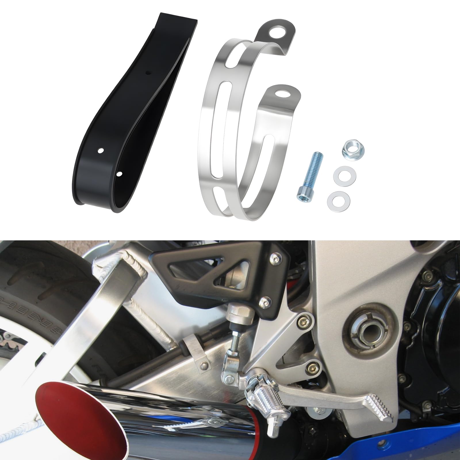 1Set Collier de Fixation pour Échappement Moto 100mm avec Bande Caoutchouc Boulon Écrou pour Monter Tubulure Ronde 86mm
