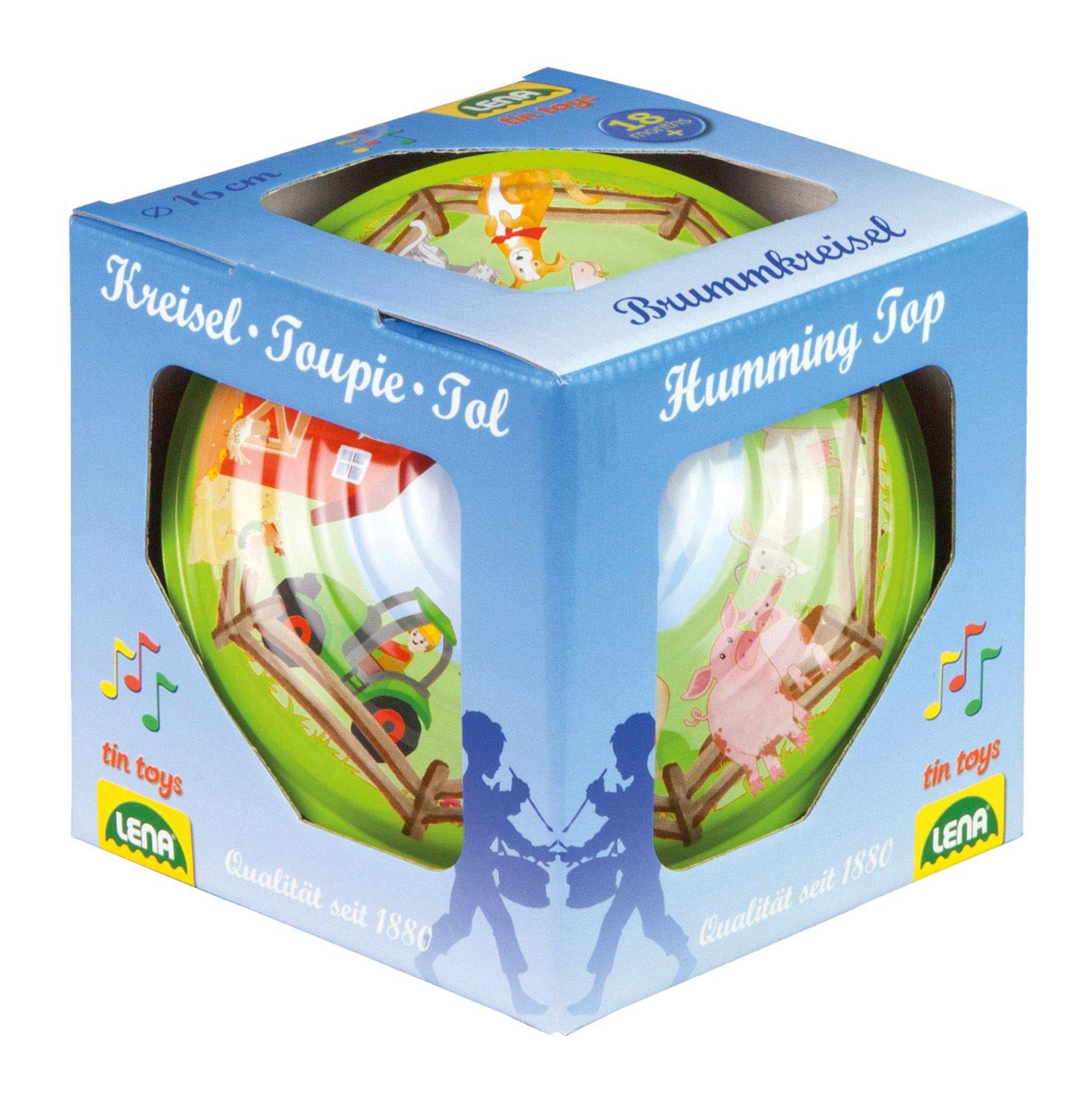 LENA- Humming Top 19 cm, Plateau, Pompe Classique, toupie en méta
