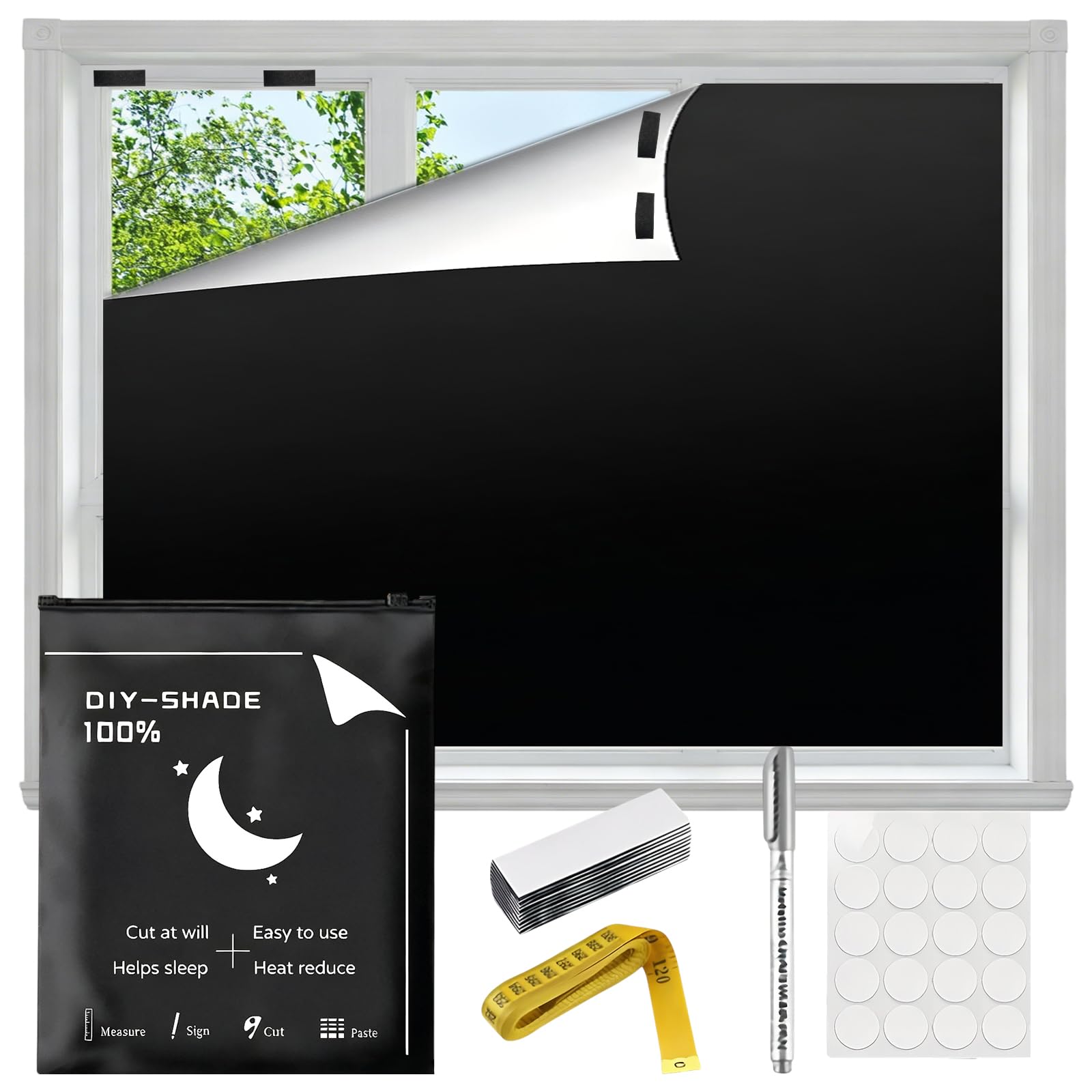 145 x 100cm Magnetic Blackout Blinds, Portable No Drill Blackout Blinds with Hook and Loop, Cut to any Size for Bedroom Dorm RV Skylight Travel