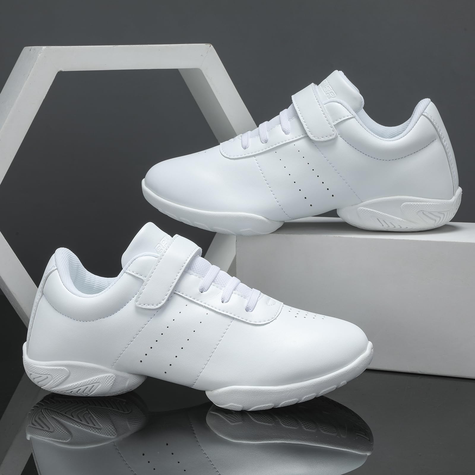 BAXINIER Girls White Cheerleading Dance Shoes Athletic Training Tennis Breathable Youth Competition Cheer Sneakers