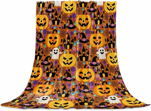 Flannel Fleece Blanket 60" x 80", Halloween Microfiber Cozy Soft Throws for Women, Orange Yellow Pumpkin Ghost Candy Castle Lightweight Throw Blankets for Couch, Sofa, Bed, Living Room, Bedroom