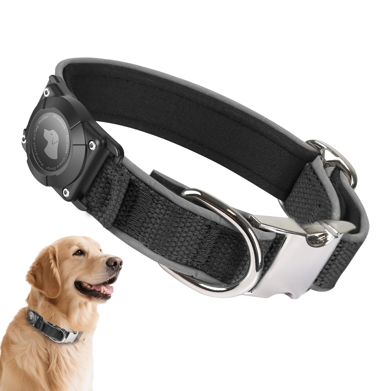 Waterproof Airtag Dog Collar - Nylon Collar with Durable Airtag Holder, Reflective&Anti-Lost with Safety Metal Buckle, Soft Padded Adjustable for